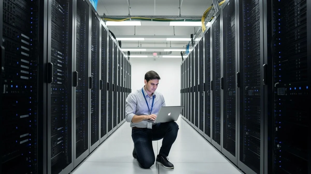 An IT technician working on a laptop in a modern server room with blue indicator lights