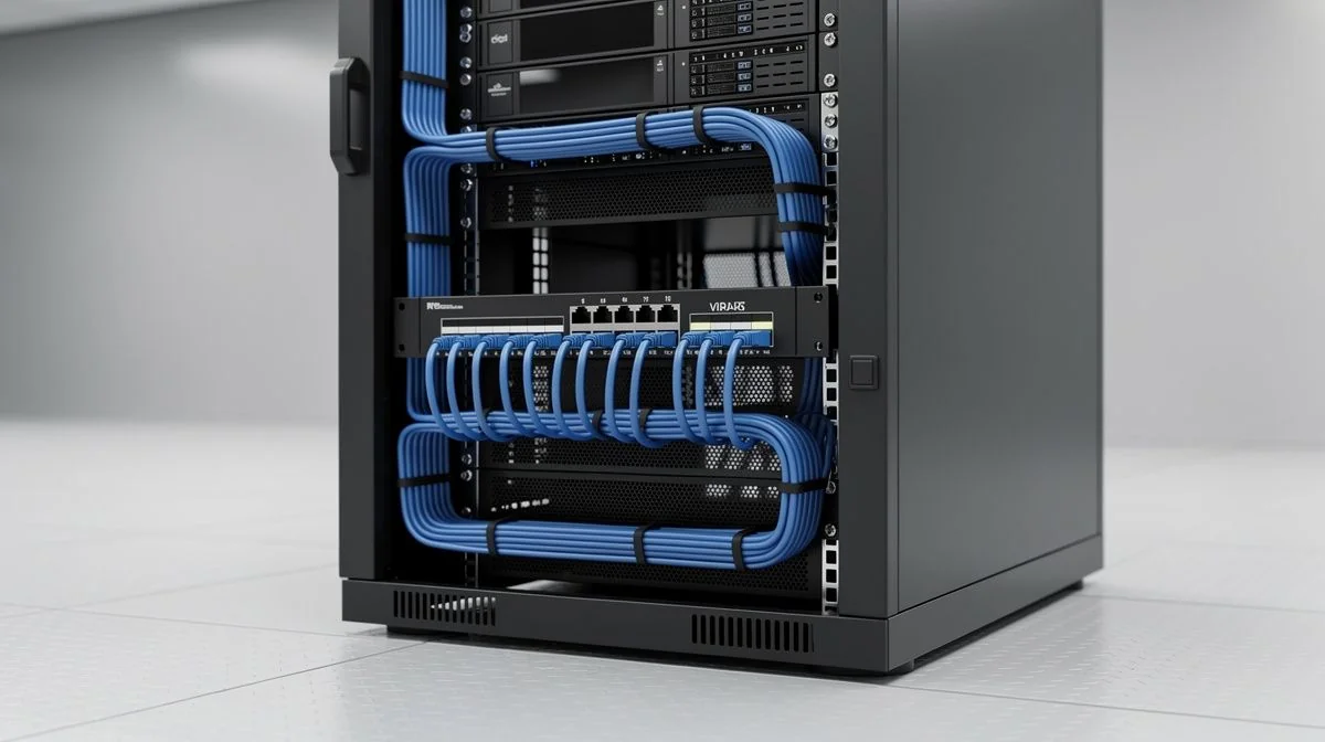 A network switch and server rack with neatly bundled blue ethernet cables in a clean IT room