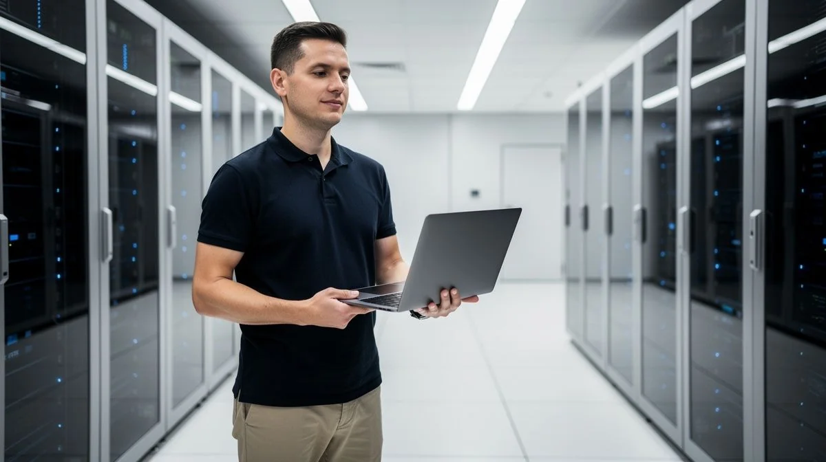 An IT technician working on a laptop in a modern server room with blue indicator lights
