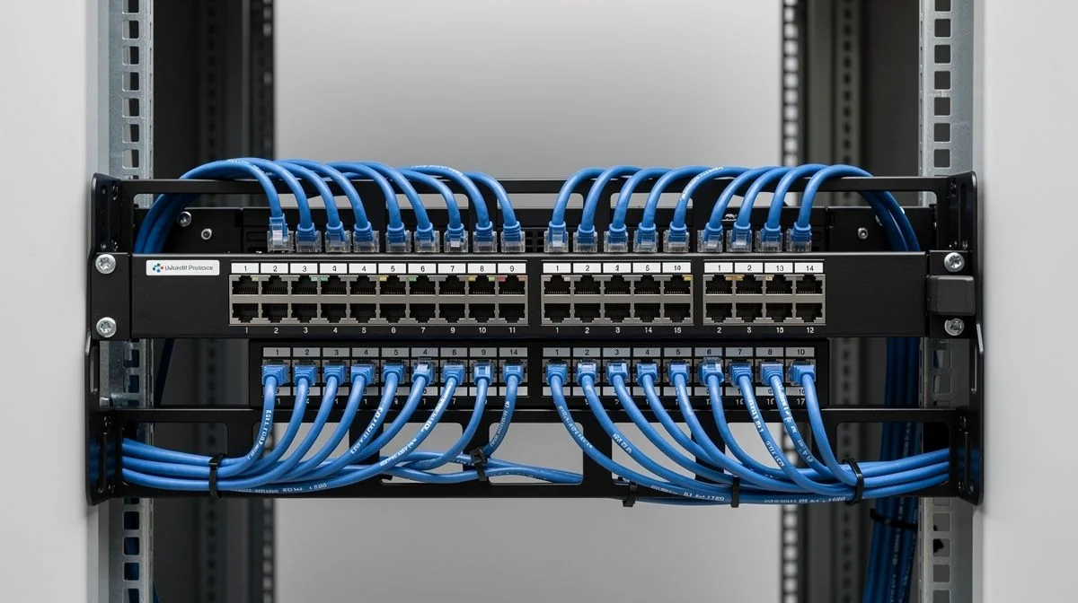 A network switch and server rack with neatly bundled blue ethernet cables in a clean IT room