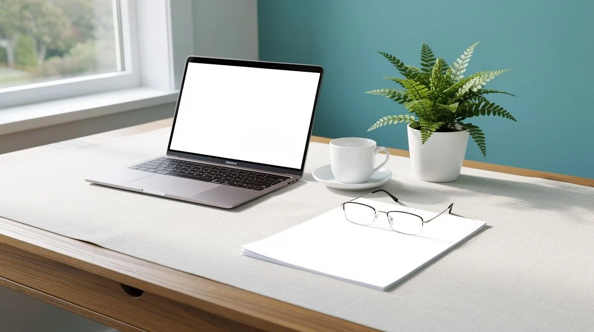 Home office desk with laptop, coffee cup, fern and printed fund statement in morning light