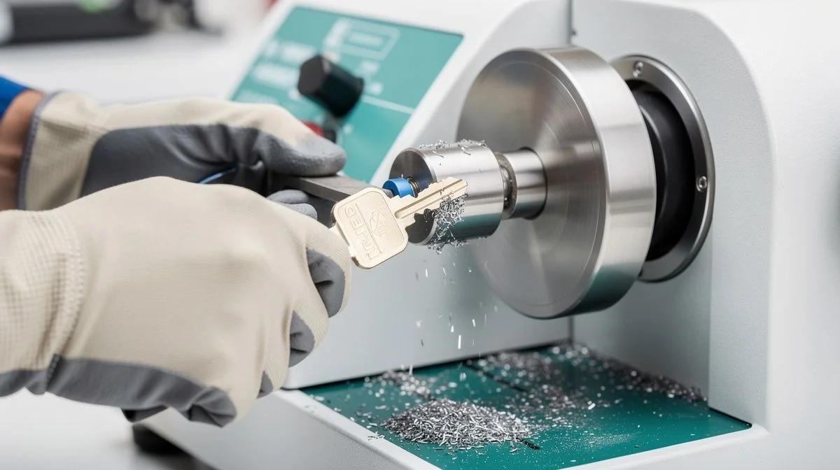 Close-up of a locksmith's hands cutting a new key on a key cutting machine