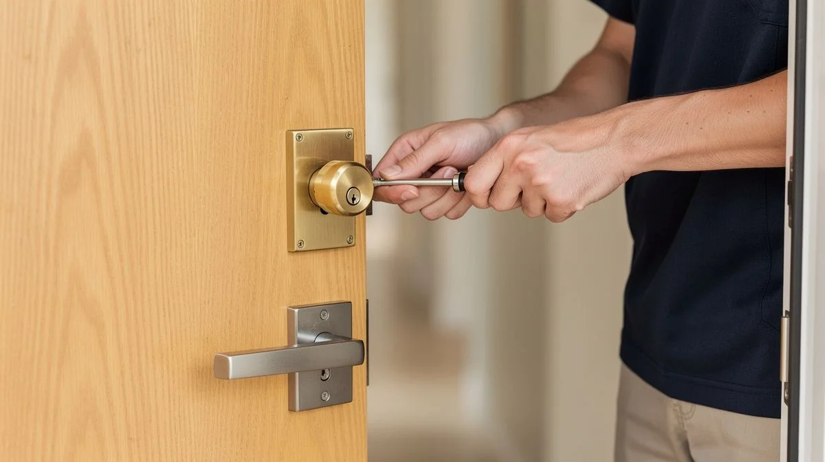 A locksmith in a uniform fitting a new deadbolt lock to a wooden front door