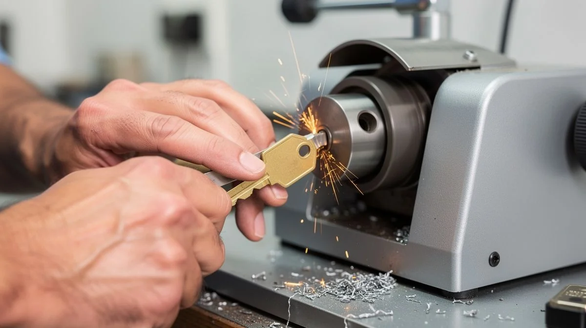 Close-up of a locksmith's hands cutting a new key on a key cutting machine