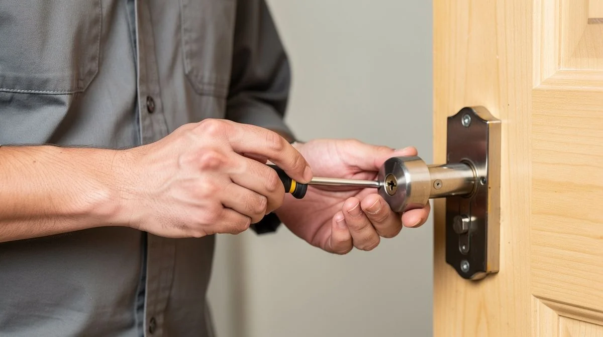 A locksmith in a uniform fitting a new deadbolt lock to a wooden front door