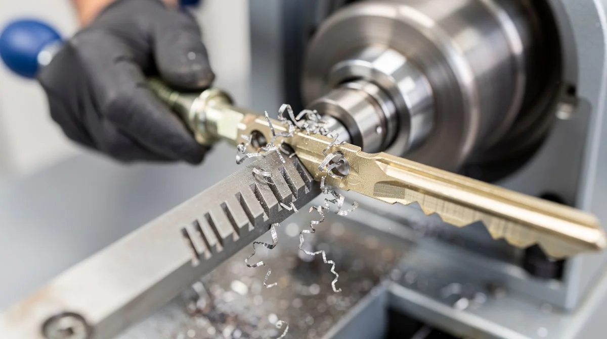 Close-up of a locksmith's hands cutting a new key on a key cutting machine