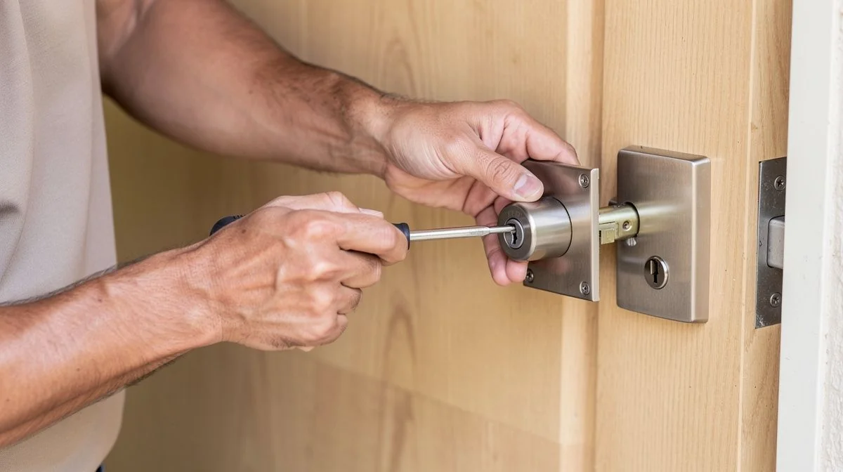 A locksmith in a uniform fitting a new deadbolt lock to a wooden front door
