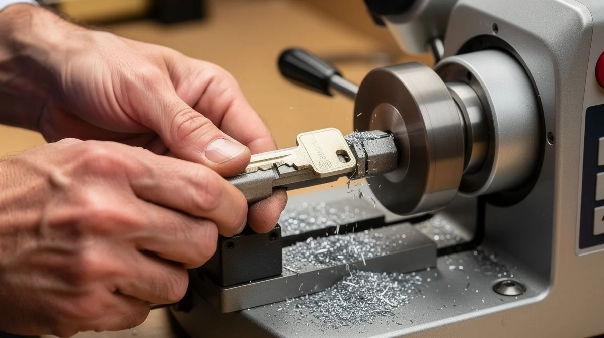 Close-up of a locksmith's hands cutting a new key on a key cutting machine