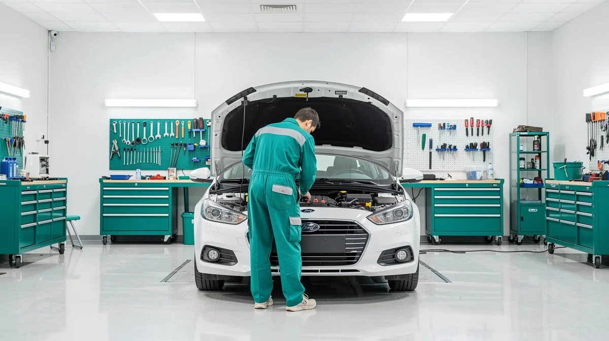 A mechanic working on a car with the bonnet open in a workshop
