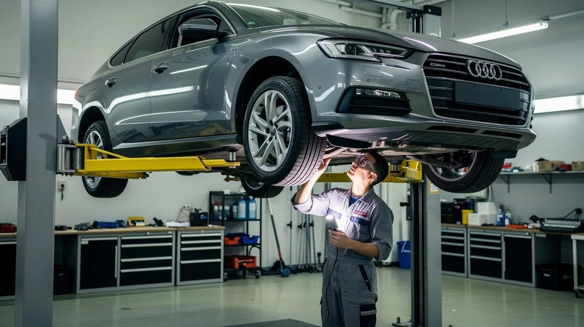 A car raised on a hoist in a workshop with a mechanic inspecting underneath