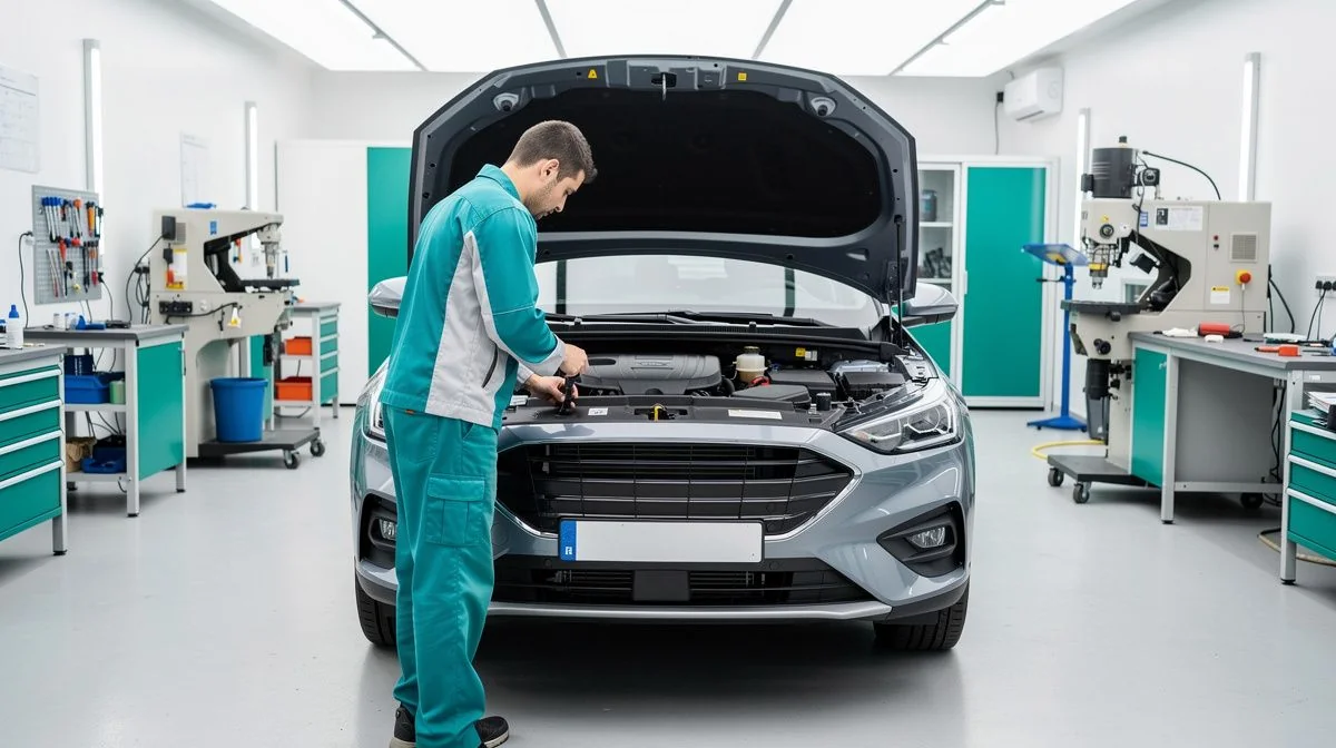 A mechanic working on a car with the bonnet open in a workshop