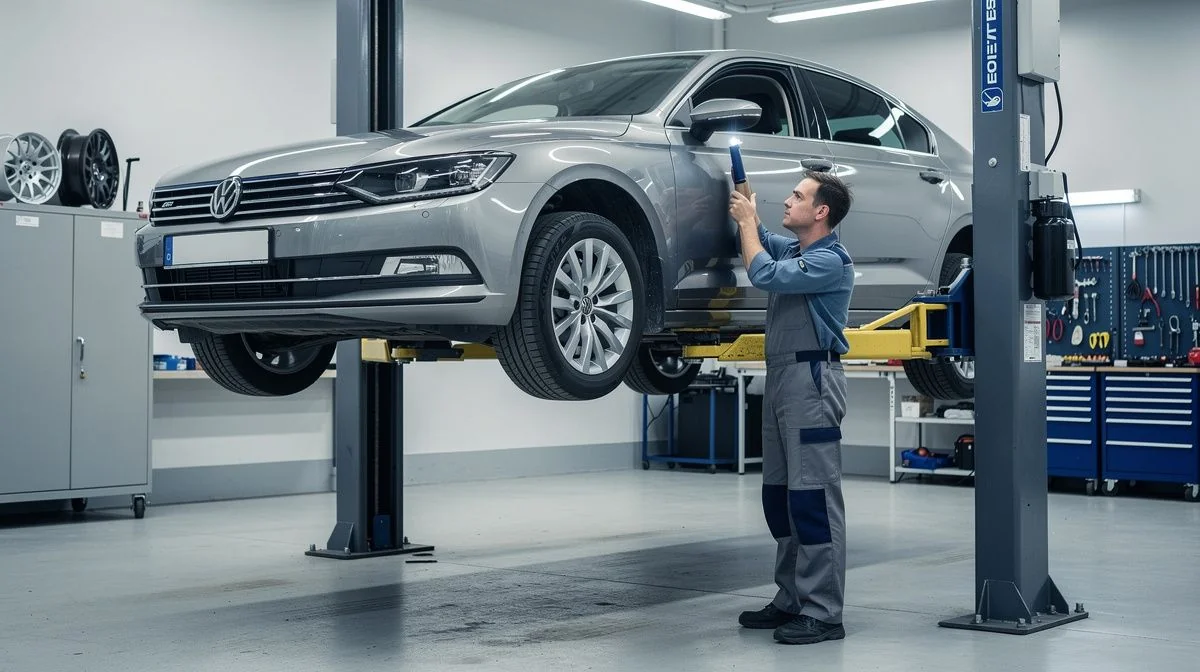 A car raised on a hoist in a workshop with a mechanic inspecting underneath