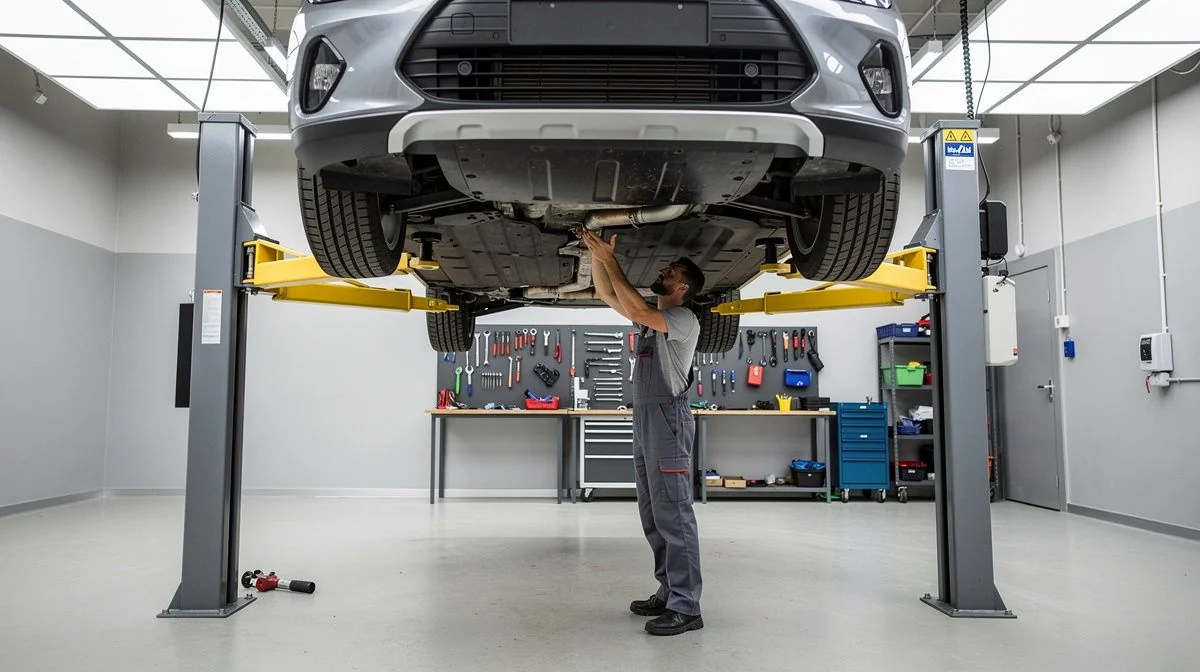 A car raised on a hoist in a workshop with a mechanic inspecting underneath