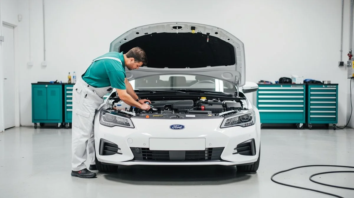 A mechanic working on a car with the bonnet open in a workshop