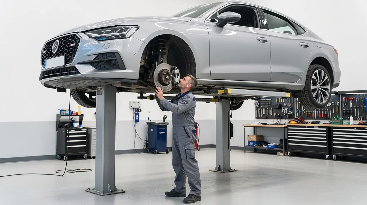 A car raised on a hoist in a workshop with a mechanic inspecting underneath