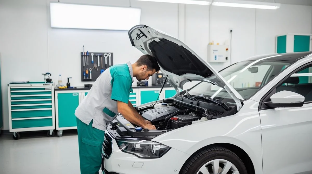 A mechanic working on a car with the bonnet open in a workshop