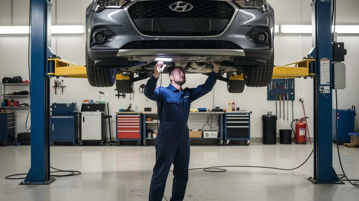 A car raised on a hoist in a workshop with a mechanic inspecting underneath