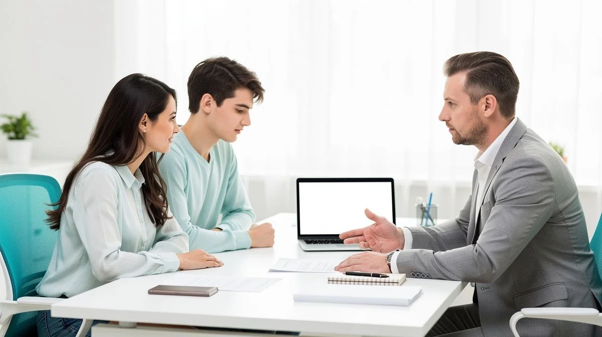 A mortgage broker and a couple reviewing loan documents together at a desk in a bright office