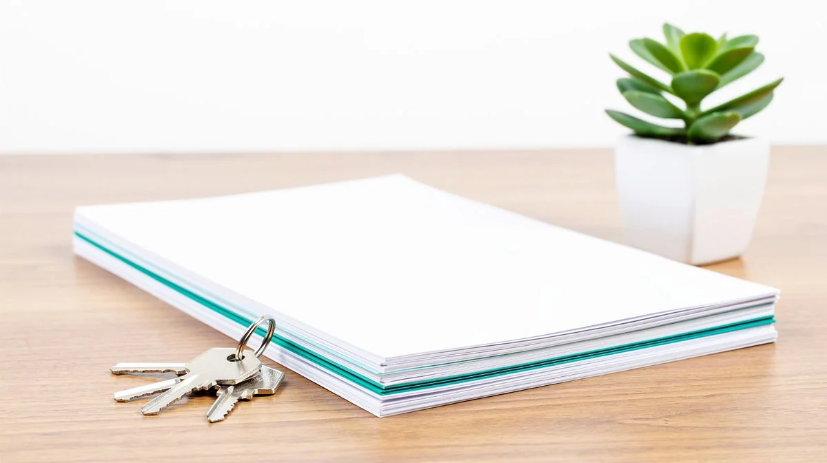 A house key and a stack of signed mortgage documents resting on a wooden table beside a small plant