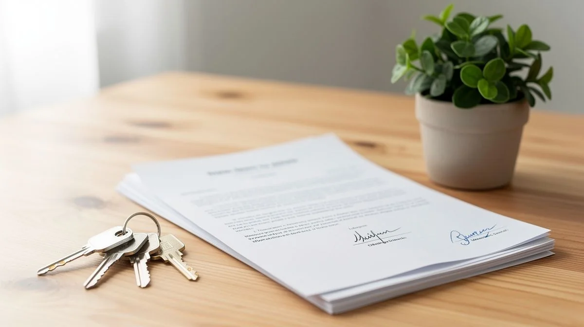 A set of house keys and signed mortgage documents resting on a wooden table beside a small plant