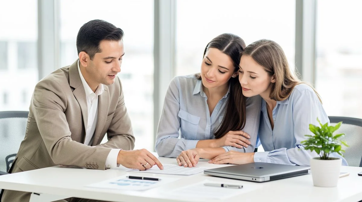 A mortgage broker and a couple reviewing loan documents together at a desk in a bright office