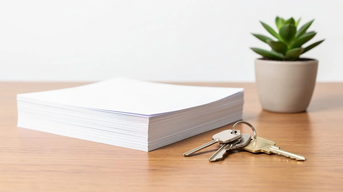 A set of house keys and signed mortgage documents resting on a wooden table beside a small plant