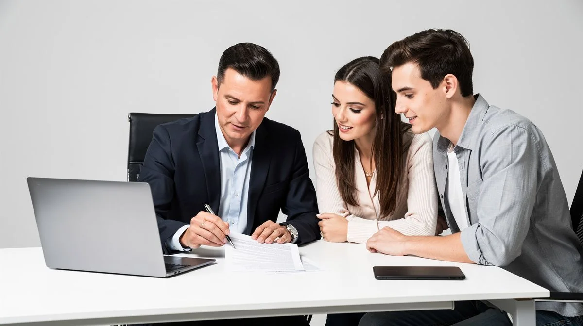A mortgage broker and a couple reviewing loan documents together at a desk in a bright office