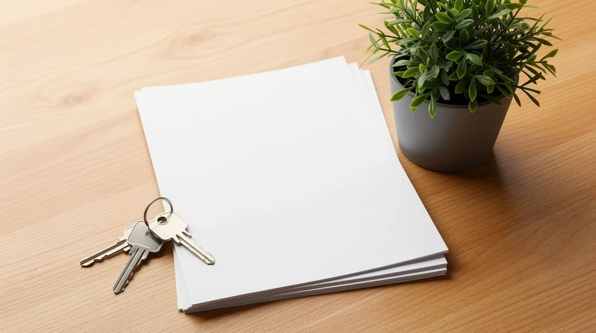 A set of house keys and signed mortgage documents resting on a wooden table beside a small plant