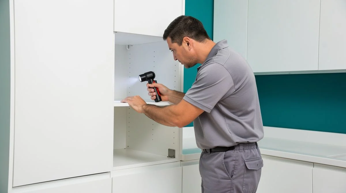 A pest control technician in uniform inspecting a kitchen cabinet with a torch