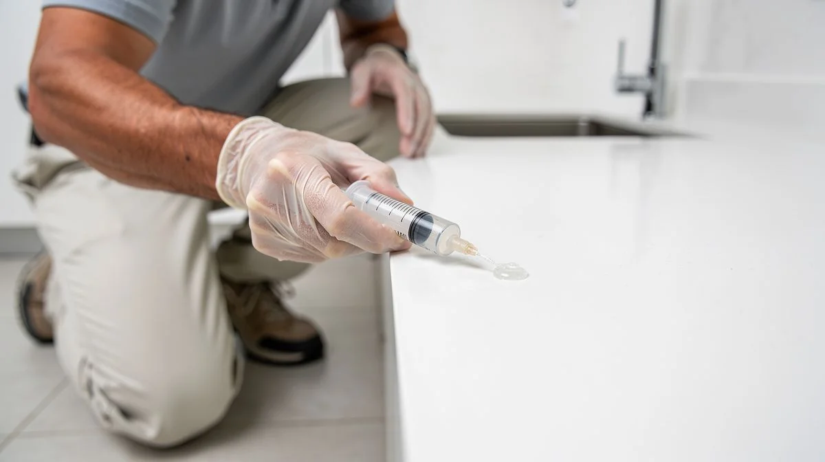 A pest control technician applying gel bait in the corner of a kitchen bench with a syringe applicator