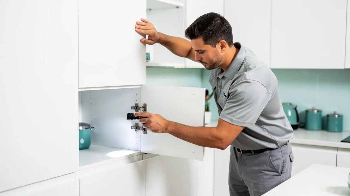 A pest control technician in uniform inspecting a kitchen cabinet with a torch