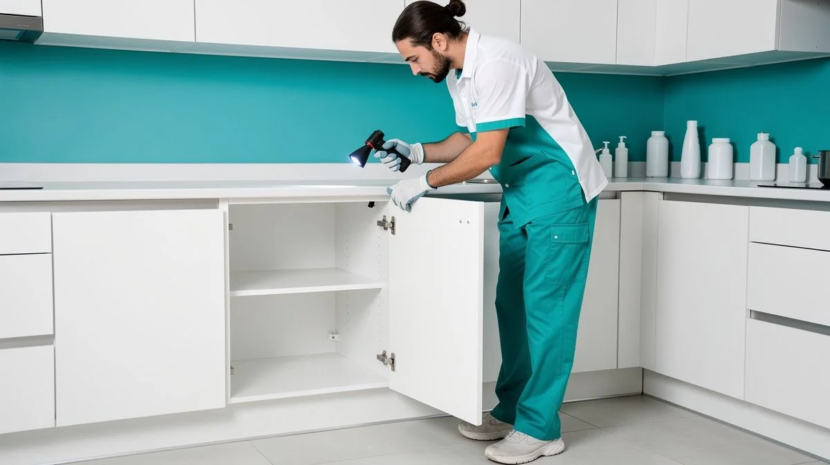 A pest control technician in uniform inspecting a subfloor area with a torch