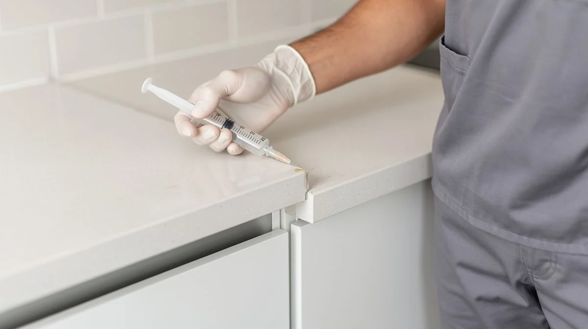 A pest control technician applying gel bait in the corner of a kitchen bench with a syringe applicator