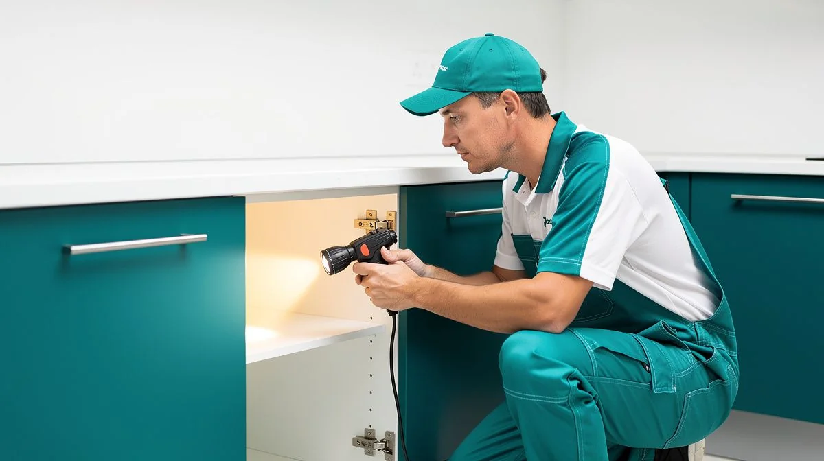 A pest control technician in uniform inspecting a kitchen cabinet with a torch