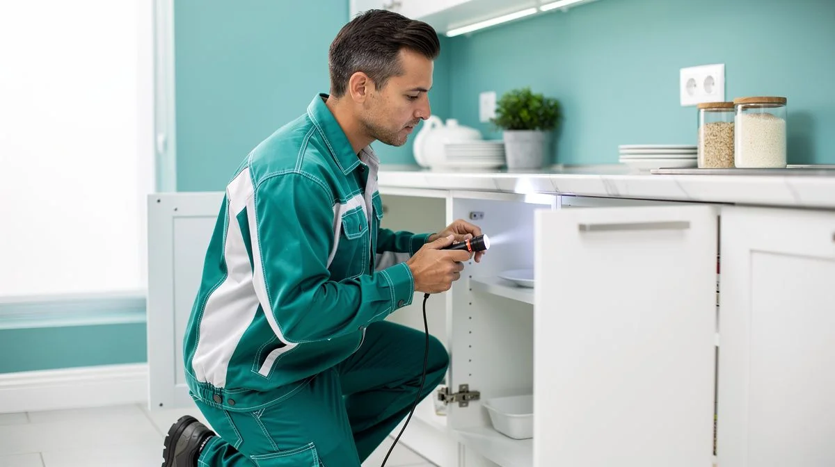 A pest control technician in uniform inspecting a kitchen cabinet with a torch