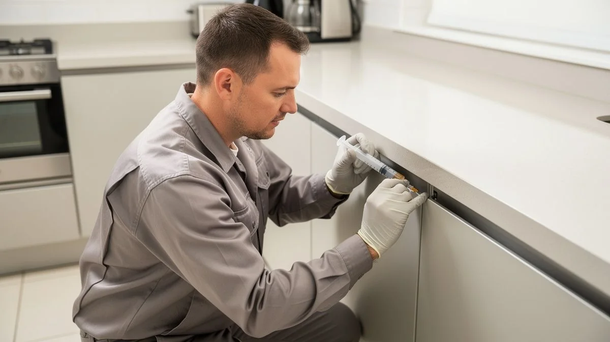 A pest control technician applying gel bait in the corner of a kitchen bench with a syringe applicator