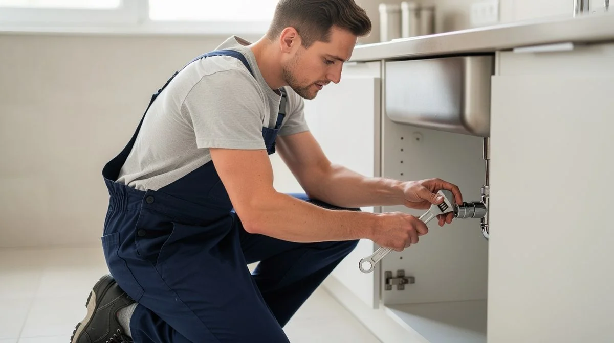 A plumber in workwear repairing a tap under a kitchen sink with a wrench