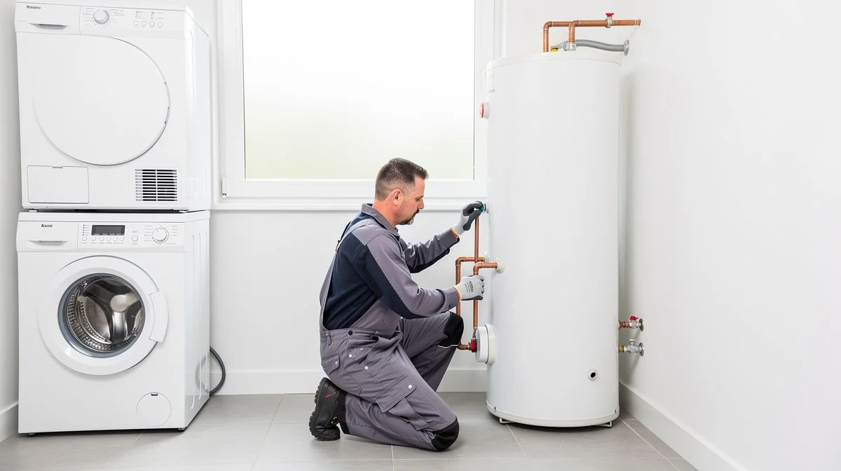 A plumber installing a new hot water cylinder in a laundry room