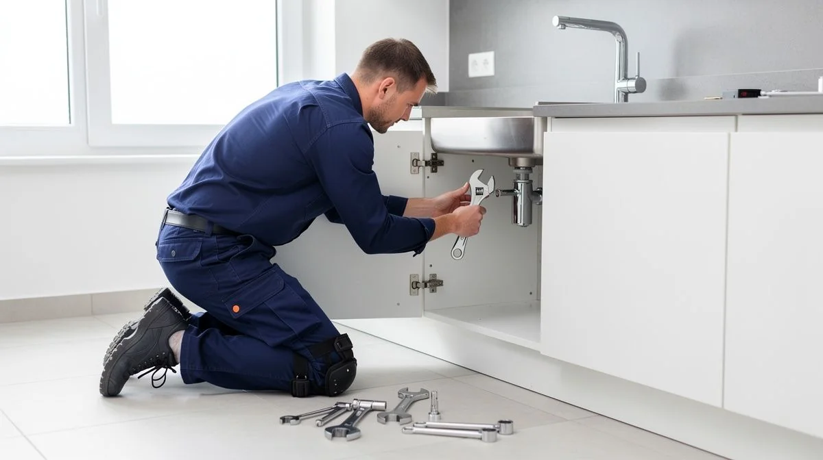 A plumber in workwear repairing a tap under a kitchen sink with a wrench