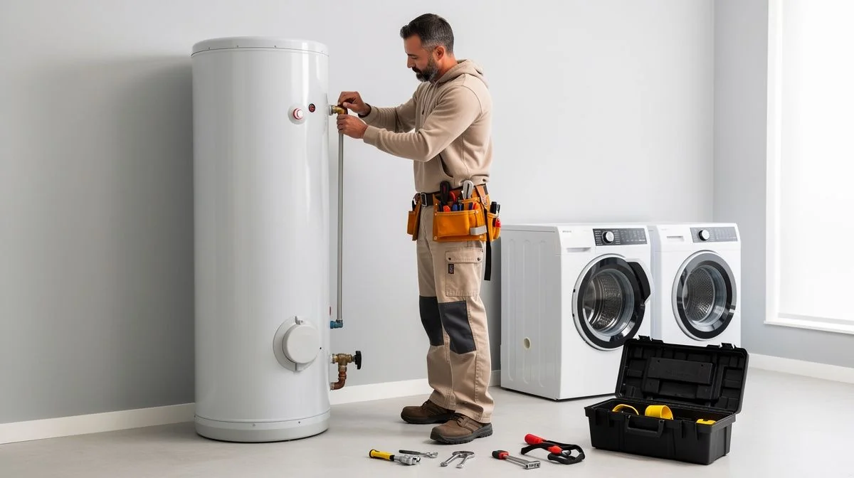 A plumber installing a new hot water cylinder in a laundry room