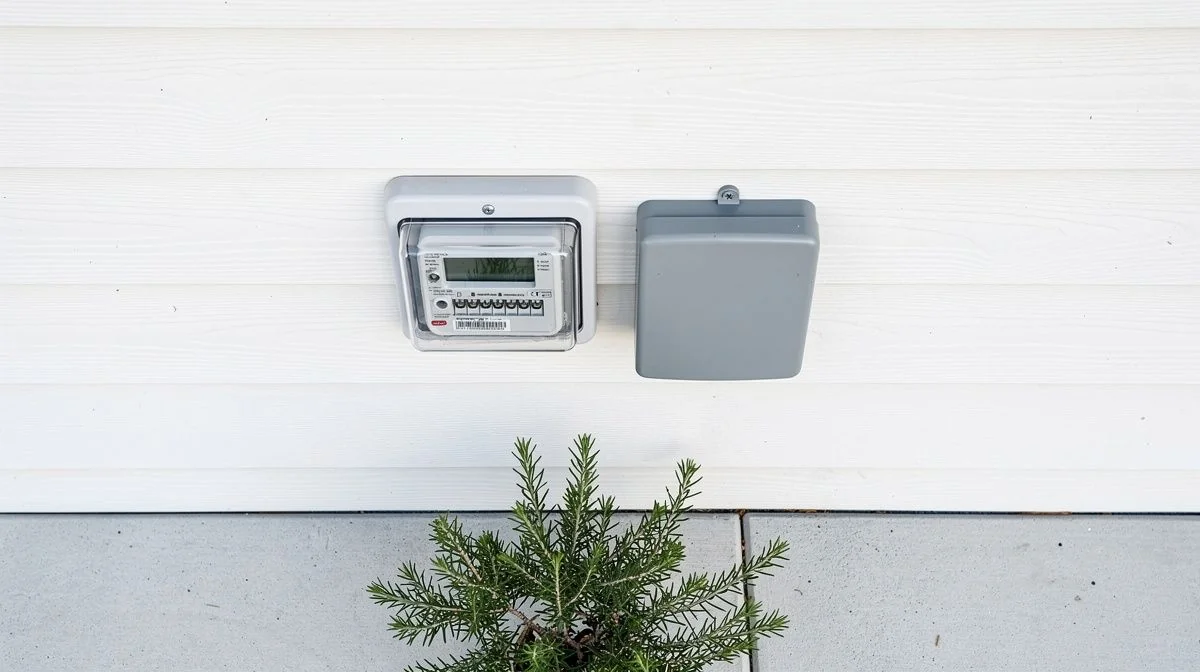 Home electricity meter on a weatherboard wall beside an outdoor power box