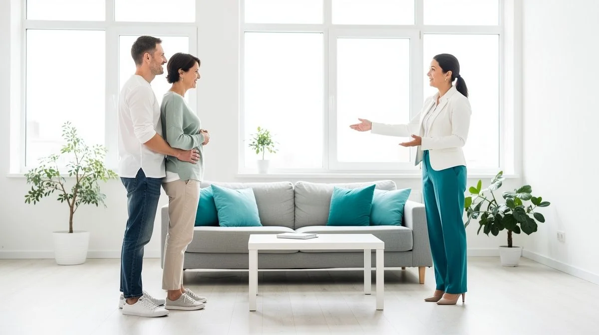 A real estate agent showing a home to a couple in a bright living room