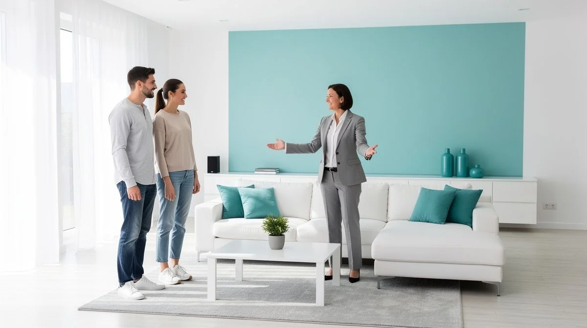 A real estate agent showing a home to a couple in a bright living room