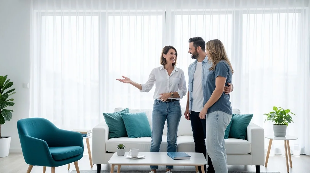 A real estate agent showing a home to a couple in a bright living room