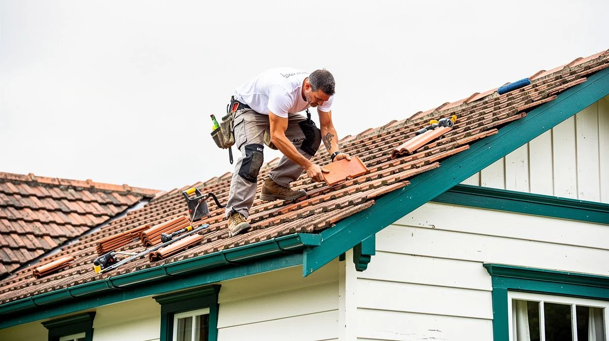 A roofer replacing a clay roof tile on an older character weatherboard villa in Auckland