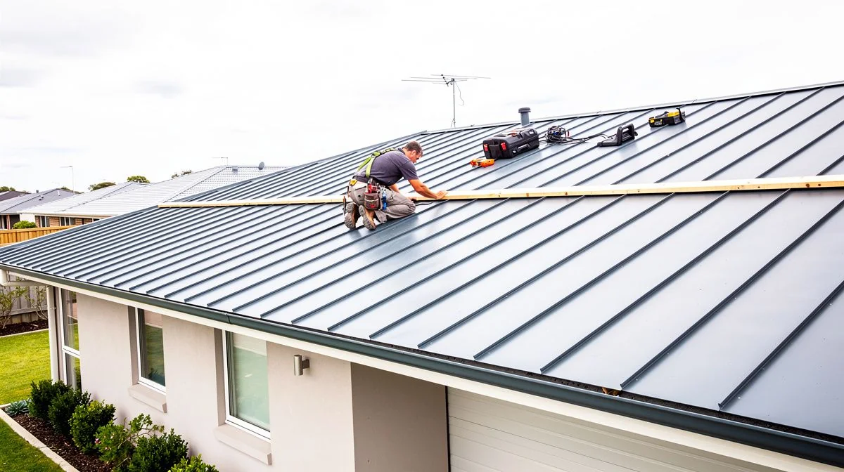 A roofer installing long-run steel roofing on the roof of a single-storey Christchurch home
