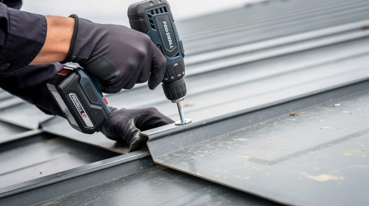 Close-up of a roofer securing a profiled metal roofing sheet with a cordless drill