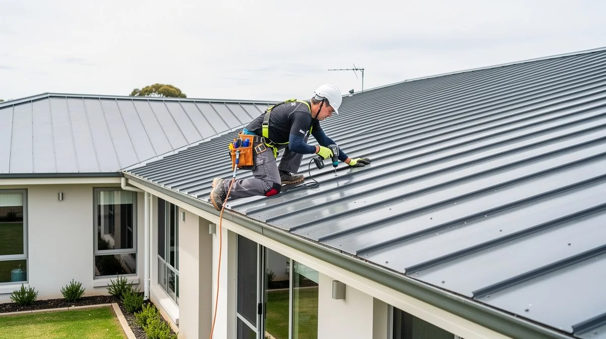 A roofer installing long-run steel roofing on the roof of a single-storey Hamilton home