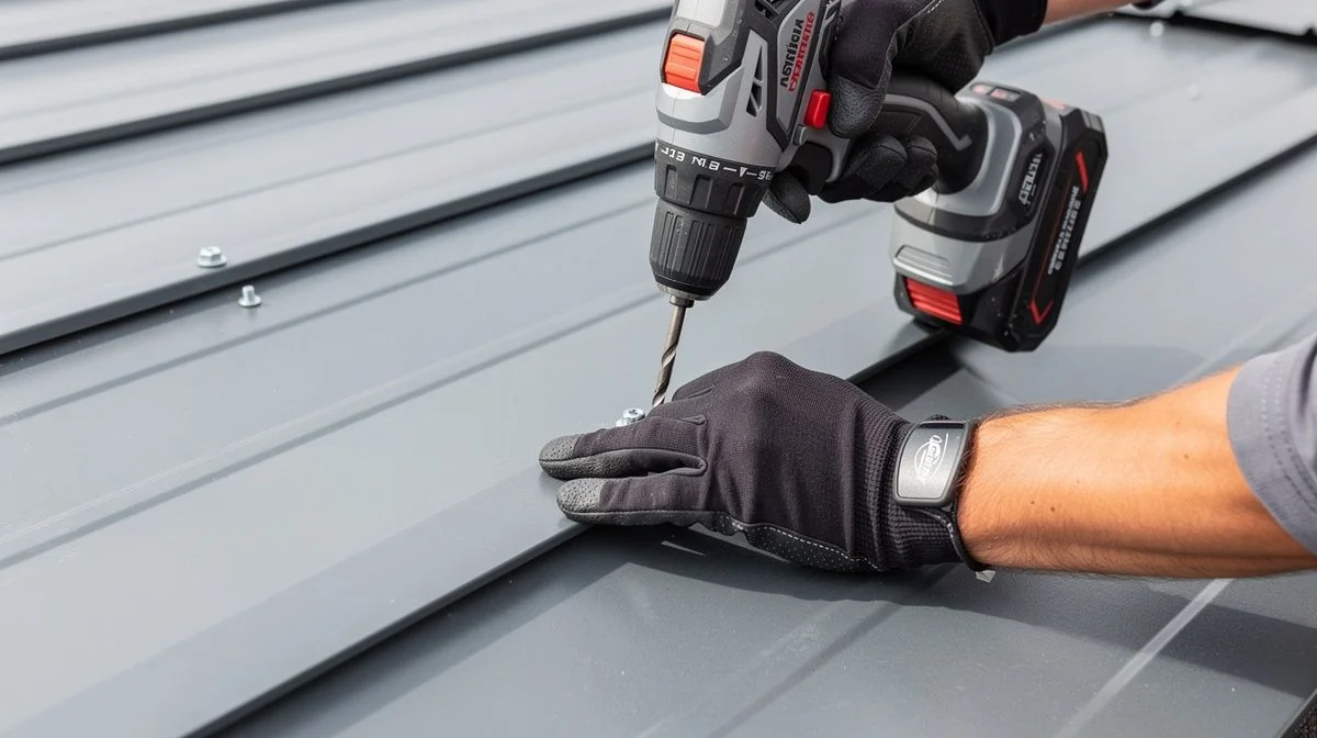 Close-up of a roofer securing a profiled metal roofing sheet with a cordless drill