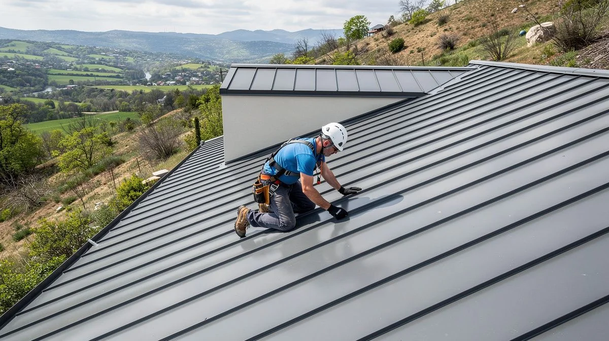 A roofer installing wind-rated long-run steel roofing on the roof of a Wellington hillside home